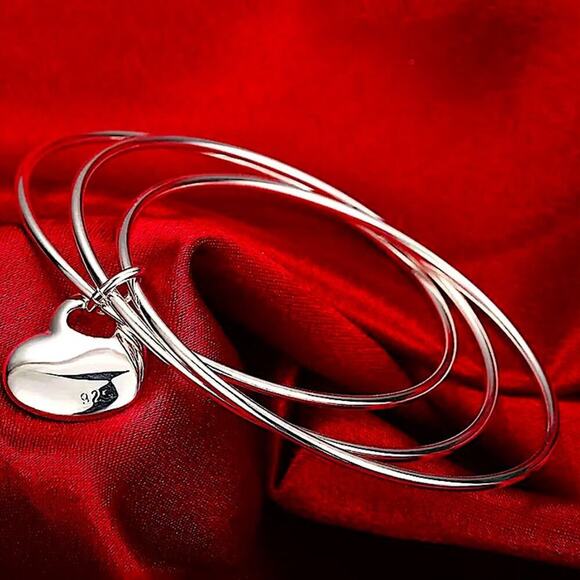 Sterling Silver Heart Bangle Bracelet Stackable Minimalist Charm Three Piece - Picture 5 of 6